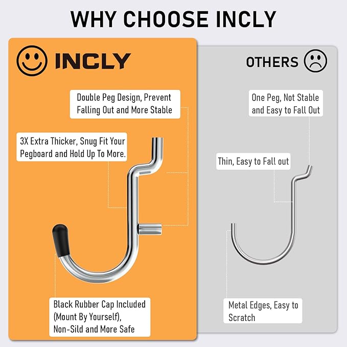 INCLY 176PCS Extra Thick Pegboard Hooks, 1/4" Heavy Duty Metal Peg Board Hooks Assortment with Peg Locks Pegboard Accessories Kit for Garage Wall Organizer Hanging Tools