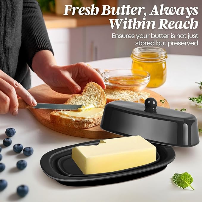 Flexzion Ceramic Black European Butter Dish with Lid for Countertop (7 Inch) - 1 Stick Butter Holder for Counter, Cream Cheese Container Storage Keeper