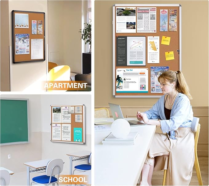SWANCROWN Enclosed Cork Bulletin Boards Wall-Mounted Noticeboard Protective Display Case for Retail School Apartment 28x26 inch (6xA4)