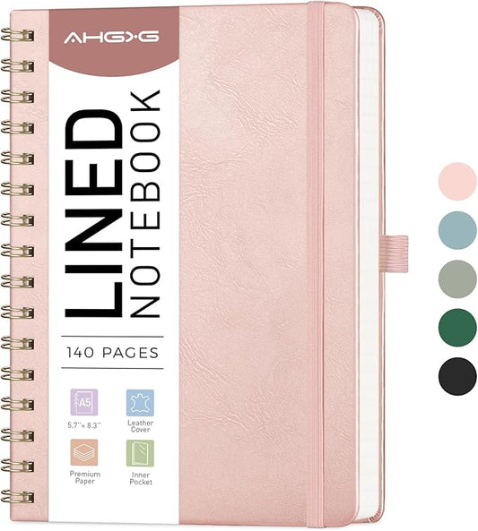 AHGXG Lined Spiral Notebook Journal for Women, Hardcover Leather Notebook College Ruled 140 Pages, A5 5.7" x 8.3", 100 GSM Thick Paper, Notebooks for School Work, Journals for Writing, Rose Gold