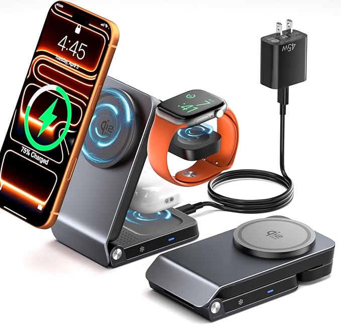 3-in-1 Charging Station for Multiple Devices Compatible with MagSafe Charger, Qi2.2 25W Magnetic Wireless Charger Dock, Foldable Charging Stand for iPhone 17 Pro Max, Apple Watch, AirPods
