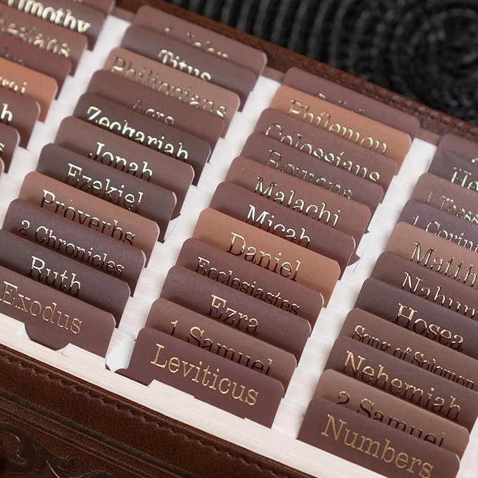 UPAFEXXI-Laminated Bible Tabs for Women and Men (Gold Foil Embossed Lettering) Reposition Large Print tabs, Easy to Read and Apply, 80 Bible Chapters Labels for Easy Navigation(Brown)
