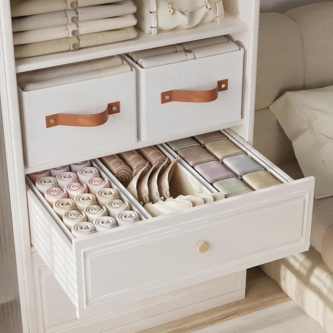 OUTBROS Fabric Storage Boxes, Foldable Bins With Handles, Wardrobe Baskets for Organizing, For bedrooms, living rooms, Shelves, White, 16.1 x 6.5 x 9.8 inch, 6-Pack