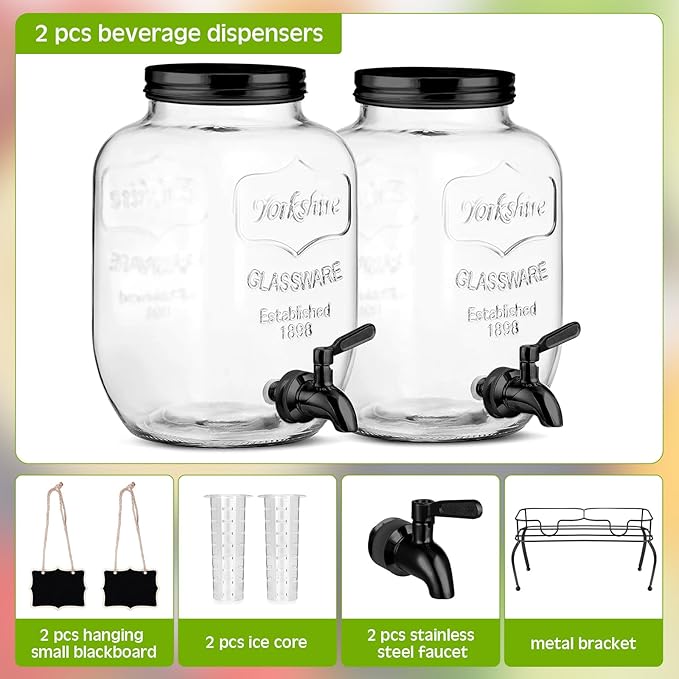 Lallisa 2 Pcs 2 Gallon Glass Drink Dispenser with Stand Ice Cylinder Hanging Chalkboard Signs 18/8 Stainless Steel Spigot Beverage Dispensers for Parties Mason Jar Drink Lemonade (Black Spigot)