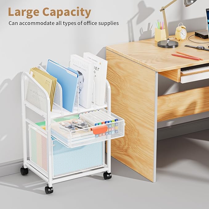 Marbrasse Rolling File Cart with Adjustable Dividers, Mobile File Cabinet on Lockable Wheels, Office Filing Cabinet Organizer, Hanging File Folder Organizer for Home Office - White