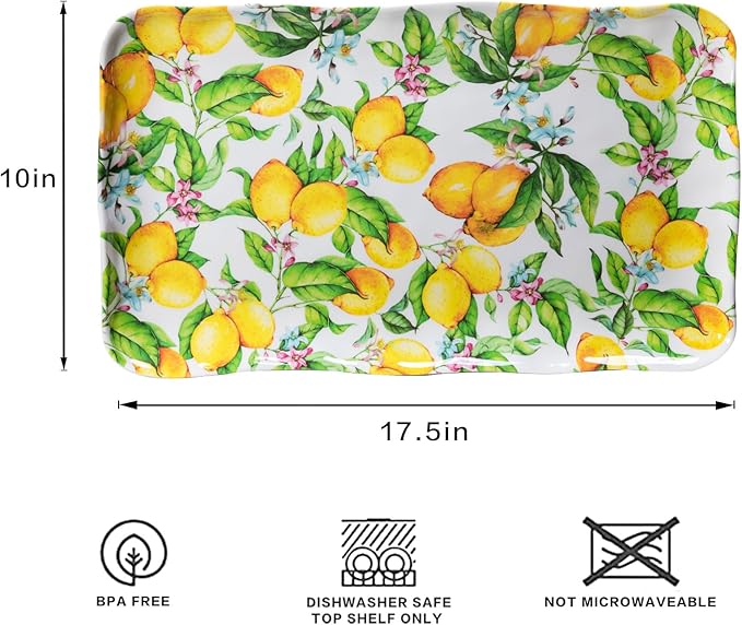 LEHAHA Melamine Lemon Large Rectangular Serving Tray/Platters Set of 2, 17.5" x 10", 2-Piece Melamine Platters Serving Set,Dishwasher Safe