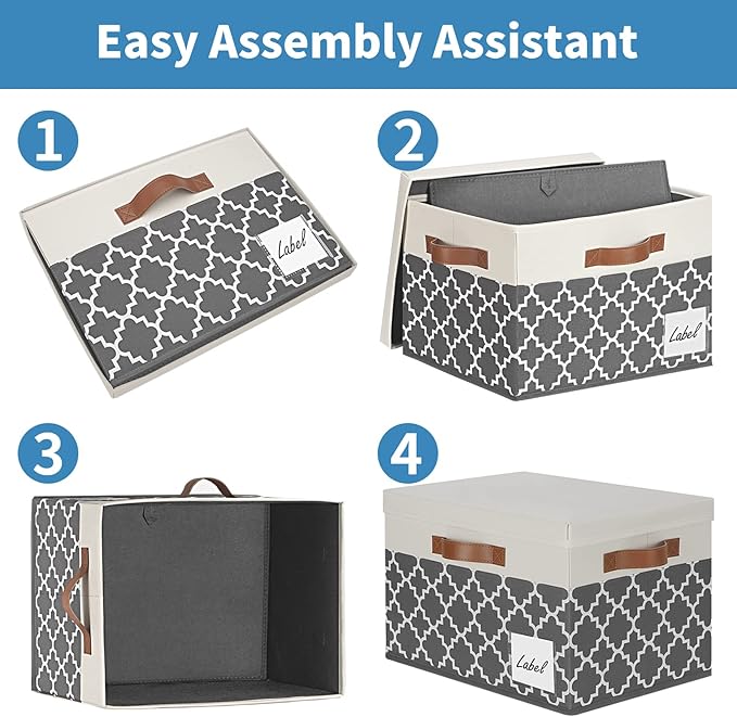 GhvyenntteS Large Fabric Storage Bins with Lids (6 Pack), Foldable Decorative Storage Boxes with Lids and 3 Handles, Sturdy Storage Baskets with Label Window for Home Office (White&Lattice Grey)