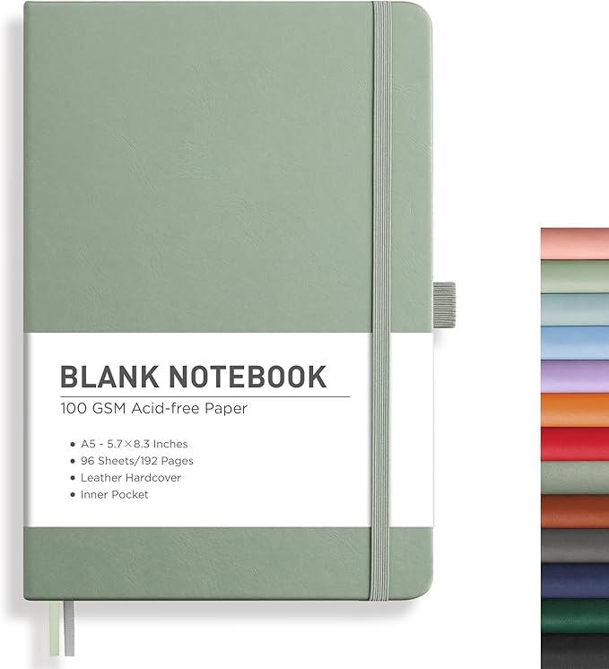 RETTACY Blank Journal Notebook, 192 Pages, A5 Medium Size (5.7'' x 8.3''), Leather Hardcover, 100 GSM Thick Paper, for Sketching, Drawing, Painting (Sage Green)
