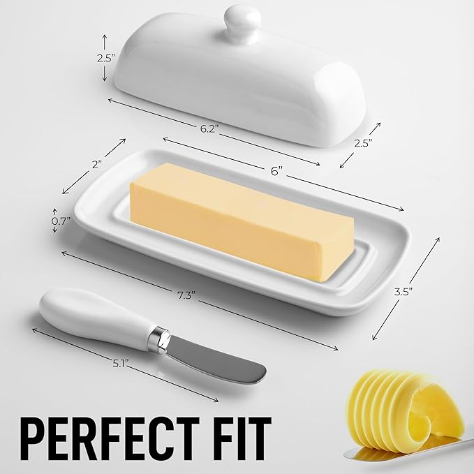 Zulay Kitchen Butter Dish With Lid For Countertop - Porcelain White, Ceramic Butter Dish with Knob Handle Great for Cooking - Elegant Design Butter Holder - Durable & Sturdy Butter Keeper - White