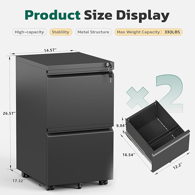 Greenvelly 2 Drawer Mobile File Cabinet with Lock, Metal Filing Cabinet on Wheels, Under Desk File Cabinet for Home Office Organizer Letter/Legal/A4 File (Assembly Required, Black)