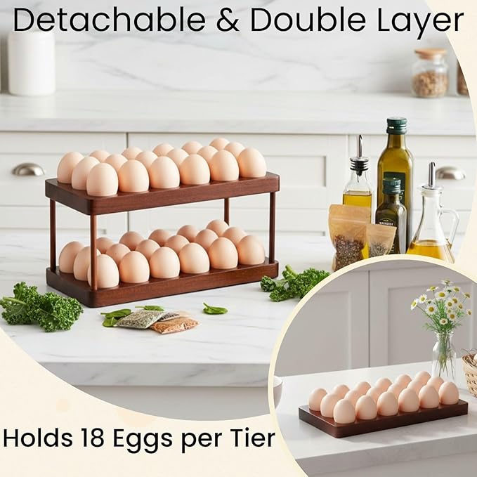 YOUEON Acacia Wooden Egg Holder with Double Layers, Detachable Wooden Egg Tray Holds 36 Fresh Eggs, Countertop Storage Rack for Gathering Fresh & Easter Eggs, Rustic Decor