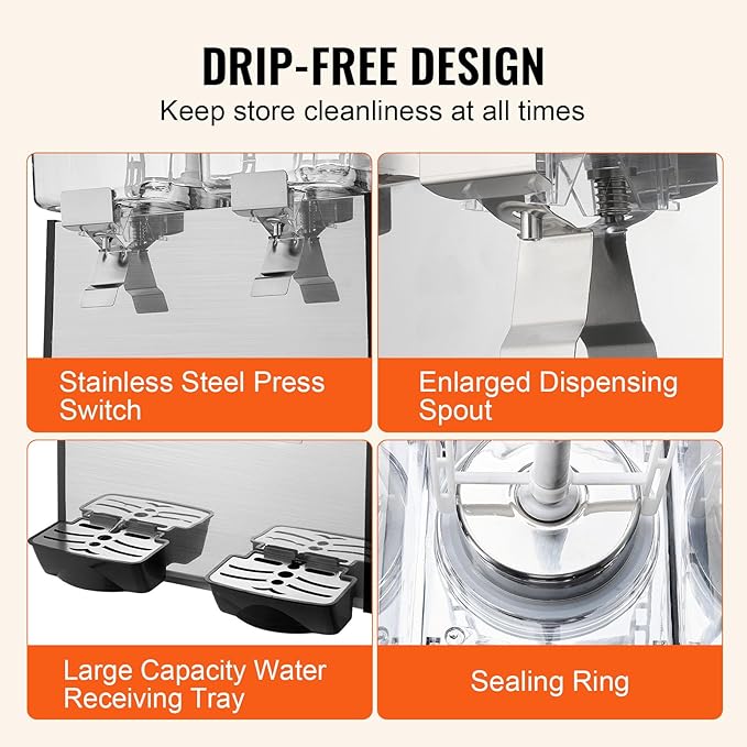 VEVOR Commercial Beverage Dispenser, 2 Tanks 18 L / 19 QT Per Tank Juice Dispenser, 370W Stainless Steel Ice Tea Drink Machine with 45°F-54°F Cooling Temperature, for Cold Drink Restaurant Bar Party