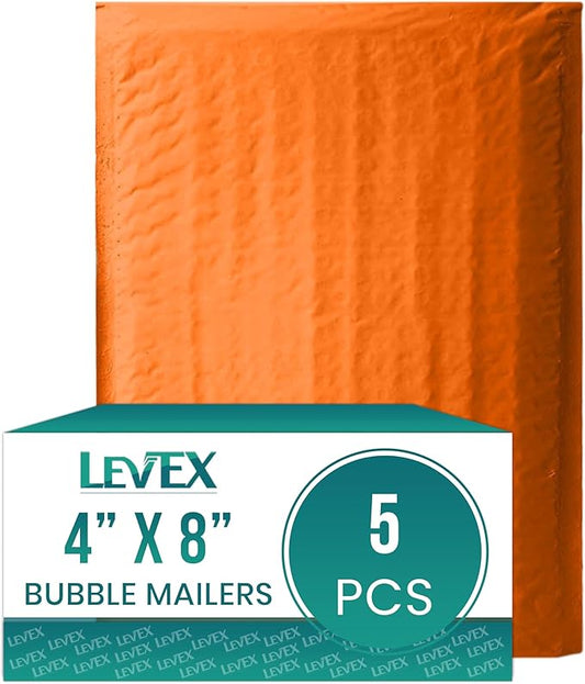 Levex - #000 4" x 8" [5 Pack] Orange Poly Bubble Mailers, Padded Envelope Mailers, Packing Envelope & Mailing Bags for Shipping