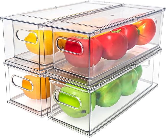 MANO Fridge Drawer Pull Out Stackable Bins with Handle Clear Refrigerator Drawers Organizer Food Storage Container Box Plastic Produce Saver for Pantry, Cabinet, Kitchen, Clothes（4Pack）
