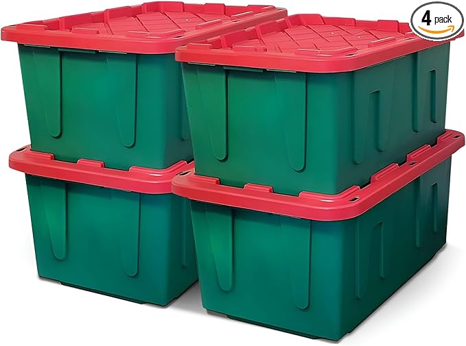 HOMZ 4-Pack Durabilt, Heavy Duty Plastic Storage Bins with Lids, 27 Gallon, Red/Green - Stackable Container Boxes for Holiday, Attic, and Garage Organization