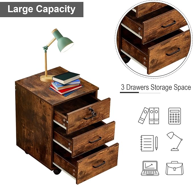 File Cabinet with Lock 3 Drawer Mobile Filing Cabinet with 360° Swivel Wheels, Under Desk Storage Cabinet Wooden File Organizer for Legal/Letter/A4 Documents, Home Office Storage (Brown)