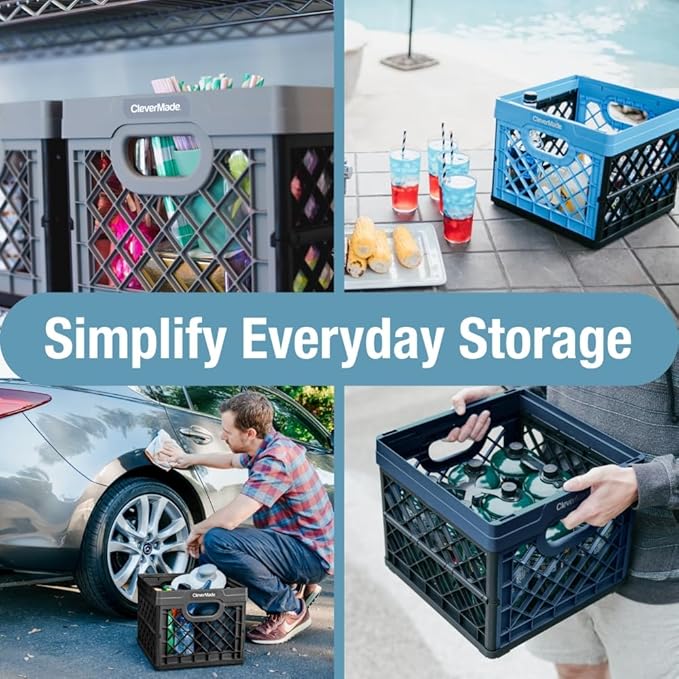 CleverMade Collapsible Milk Crate, Obsidian, 1PK - 25L (6 Gal) Stackable Storage Bins, Holds 50lbs Per Bin - Clevercrates are Heavy Duty, Plastic Collapsible Storage Crate for Multi Purposes