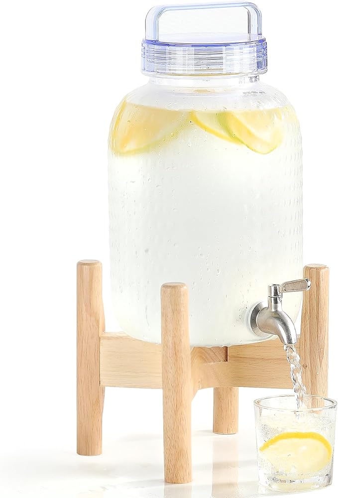 EGGKITPO 1.5 Gallon Drink Dispensers with Spigot and Elegant Stand for Parties Polycarbonate Lemonade Dispenser with Wood Stand Blue Cover Iced Beverage Dispenser for Water Punch Juice BPA FREE