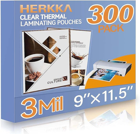 HERKKA 300 Pack Laminating Sheets, Holds 8.5 x 11 Inch Sheets, 3 Mil Clear Thermal Laminating Pouches 9 x 11.5 Inch Lamination Sheet Paper for Laminator, Round Corner Letter Size