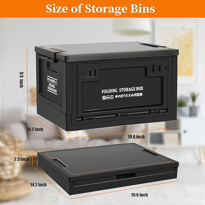 Collapsible Storage Bins with Lids, Portable Foldable Box with 2 Side Doors, Organizing Stackable Storage Cases Large Heavy Duty Utility Crates for Camp Fishing Car RV Office (Extra Large-45L)