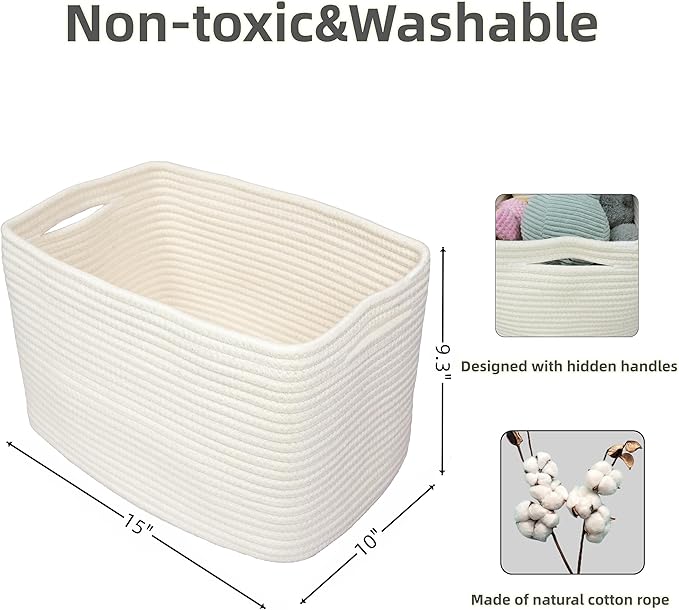 Cotton Rope storage Basket Bins Woven Basket for Organizing Shelves 15X10X9.3" Rectangle Decorative Baskets For storage Clothes Toys Books Towels Nursery basket organizer 3 pack white