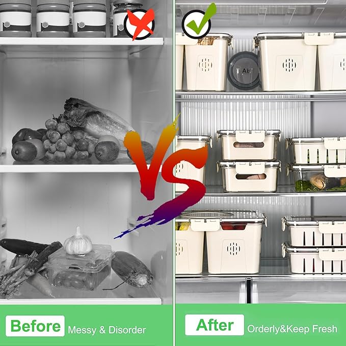 Salad Bar Containers for Fridge with Lid and Handle, Fruit Storage Containers with 4 Removable Colanders, Berry Box Fresh Produce Saver for Fruit, Veggie, Refrigerator, Kitchen, Picnic, 2 Pack