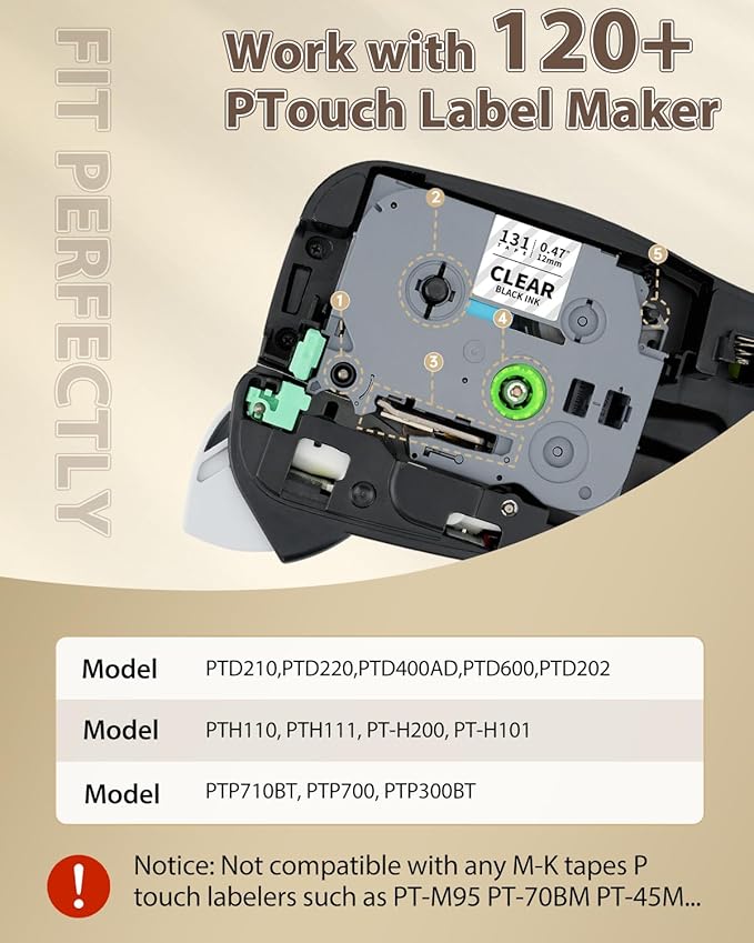 TZe-131 Clear Label Maker Tape Compatible with Brother P-Touch Label Tape 12mm 0.47 Laminated Clear TZ Tape 1/2" Work with Brother PTouch D220 PTD210 PTH110 PTH111 PTP710BT PTD400 Cube, 6-Pack