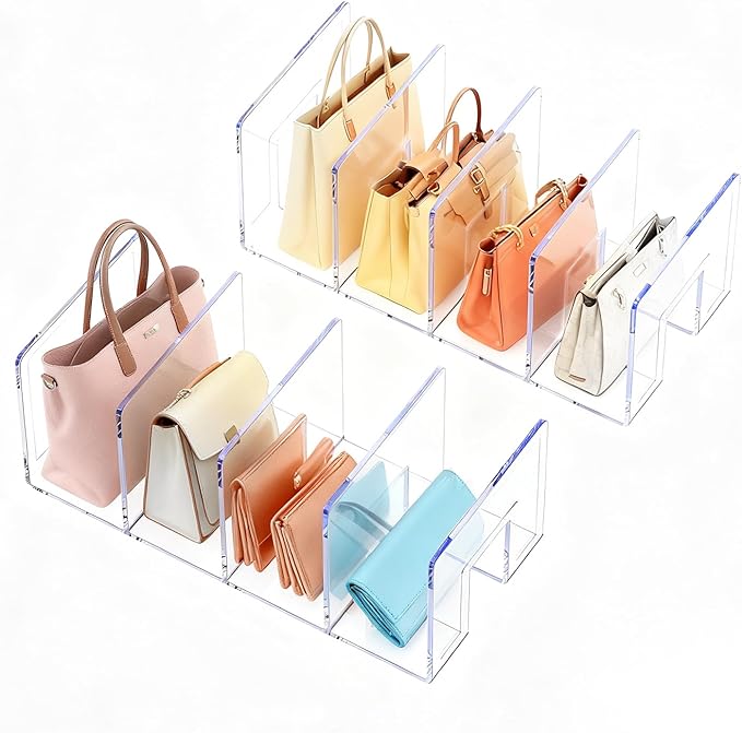 LUGUNU Clear Acrylic Purse Organizer - 4-Section Divider for Handbag Closet Storage - Durable Rack for Purses, Clutches More (Set of 2)