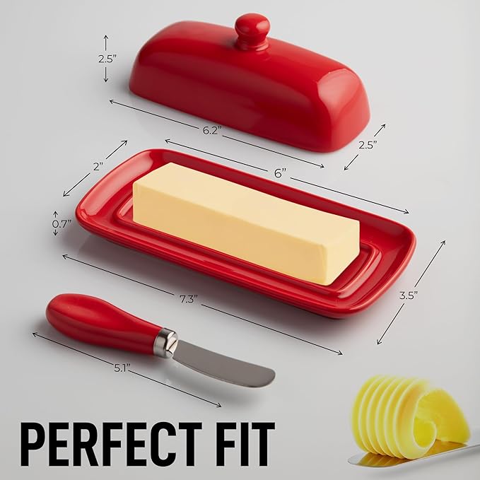 Zulay Kitchen Butter Dish With Lid For Countertop - Porcelain White, Ceramic Butter Dish with Knob Handle Great for Cooking - Elegant Design Butter Holder - Durable & Sturdy Butter Keeper - Red