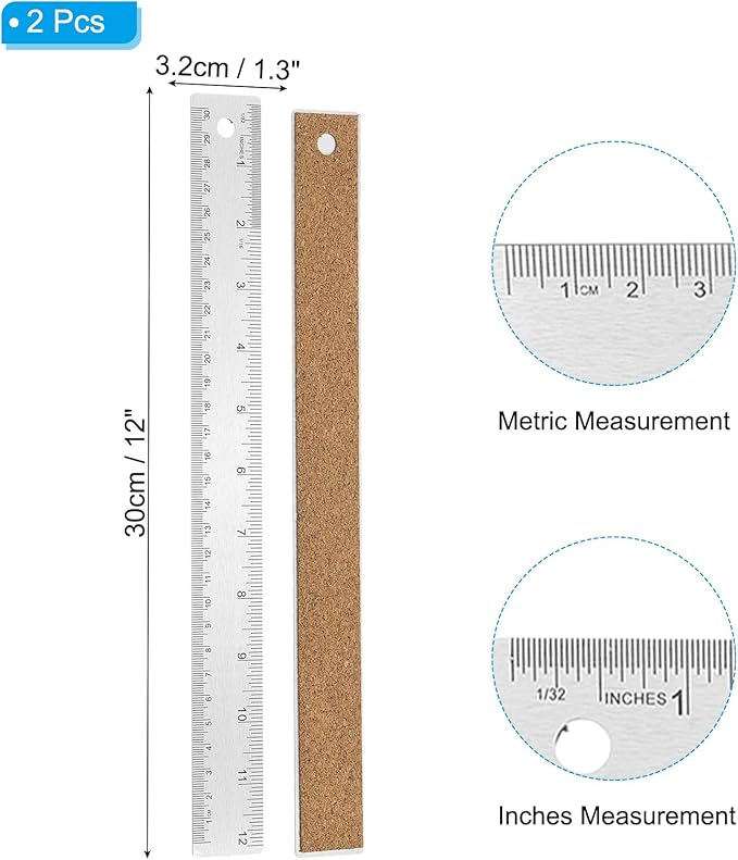 PATIKIL 12 Inch Stainless Steel Ruler Straight Edge Ruler, 2 Pcs Cork Backing Non-Slip Metal Ruler with Inches Centimeter Metric Measuring Tools for Office