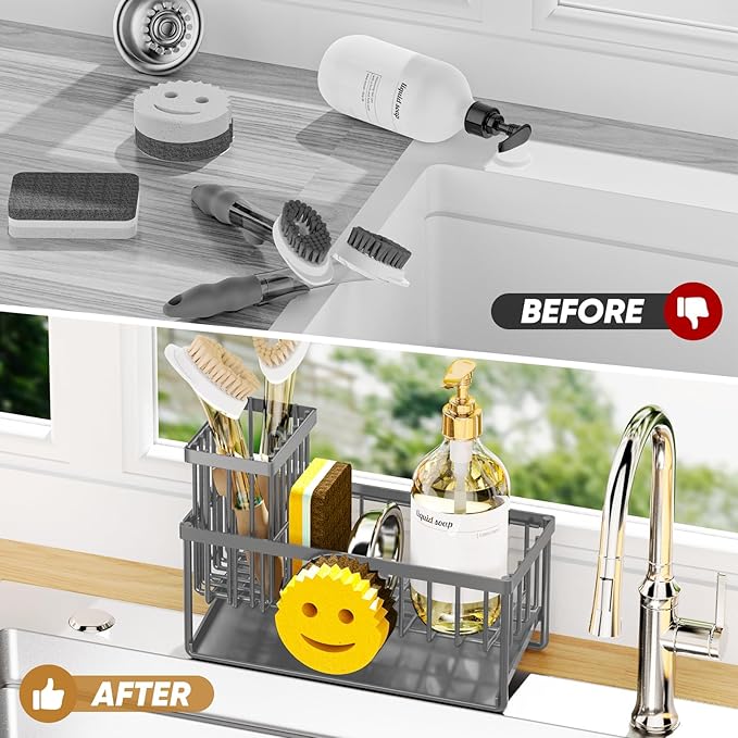 Sponge Holder for Kitchen Sink,Smiley Face Sink Caddy with Removable Brush Holder,Self-Draining Sponge Caddy for Soap,Dish Brush,Scrubber,Kitchen Essentials and Gadgets-Charcoal Gray