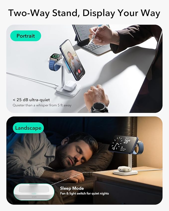 ESR for 3 in 1 Charging Station, Qi2.2 Certified 25W MagSafe Charger Stand with CryoBoost, Phone-Cooling Fast Charging Station, for iPhone 17/16 with iOS 26, AirPods, Apple Watch, White