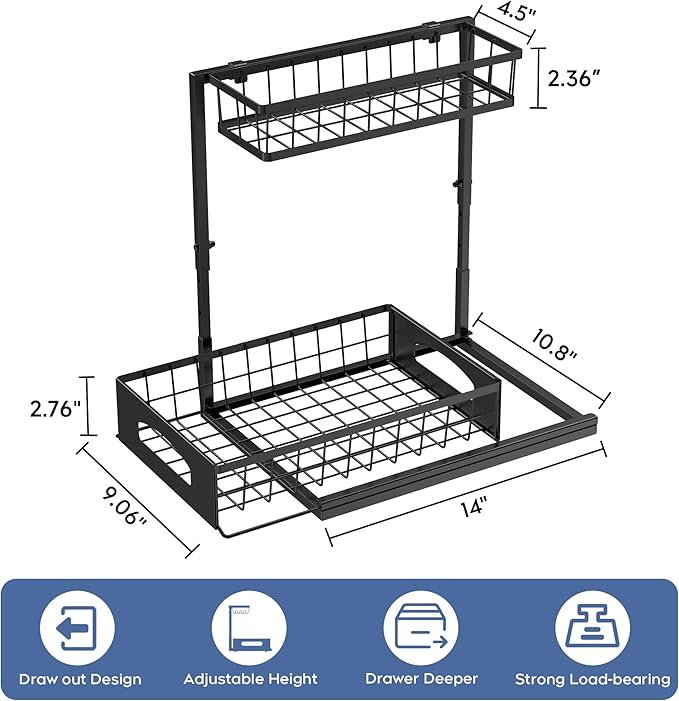 Under Sink Organizer and Storage, Height Adjustable Cabinet Organizer with Slide Out Drawer, Pull Out Under Sink Storage, Multi-Purpose 2 Tier Sink Shelves for Kitchen Bathroom Pantry (Black, 1 Pack)