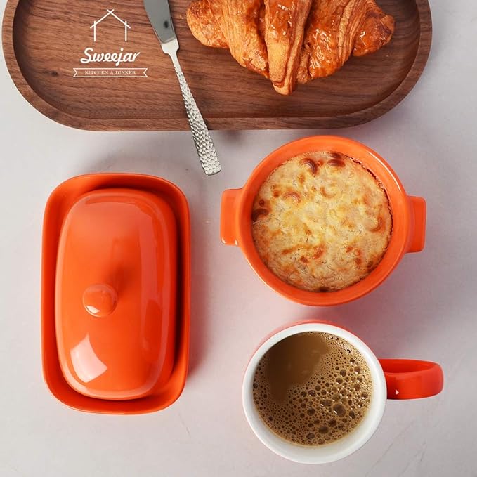 Sweejar Ceramic Butter Dish with Lid for Countertop,Porcelain Butter Keeper with Knob Handle,Butter Container for East/West Coast Butter, 7 inches (Orange)
