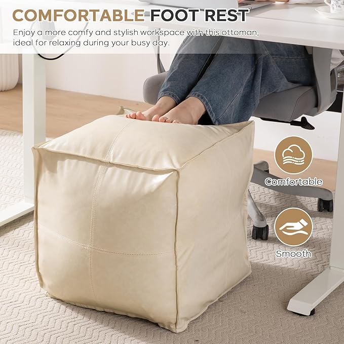 17.7" Square Unstuffed Pouf Ottoman Cover, Pu Leather Poufs Cube Foot Stool Poofy Ottomans Footrest, Decorative Casual Footstool for Living Room, Perfect to Rest Your Feet, Only Cover No Filler, Beige
