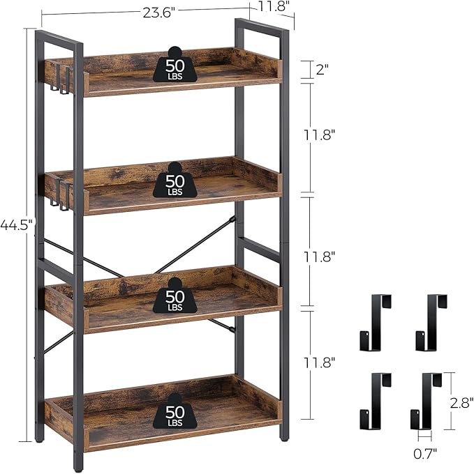 Rolanstar Bookshelf 4 Tier with 4 Hooks, Industrial Wood Bookcase, Vintage Storage Rack with Open Shelves, Rustic Standing Bookshelves Metal Frame Display Rack for Living Room, Bedroom, Rustic Brown
