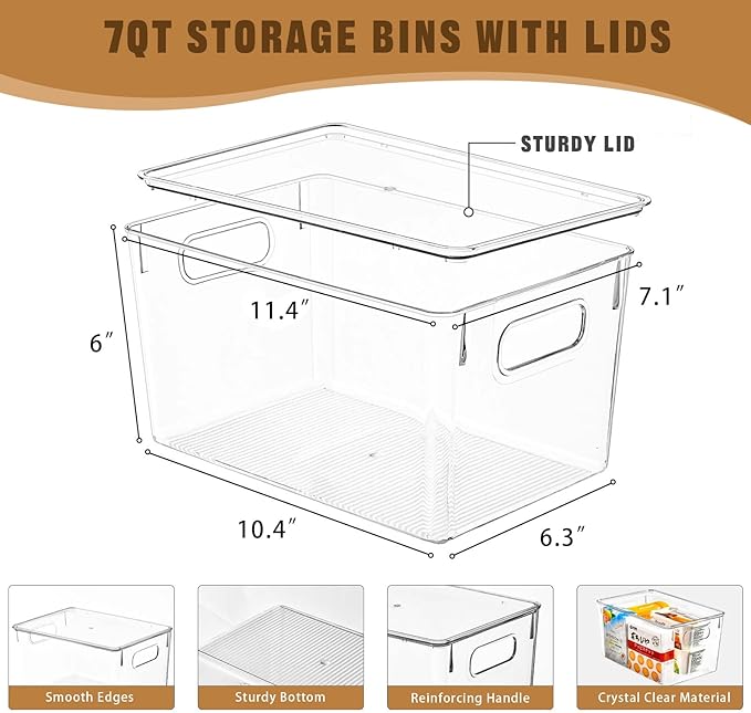 12 Pack Clear Storage Bins with Lids, 7 Quart Stackable Storage Boxes for Storage and Organization, Plastic Storage Containers with Lids, Plastic Bins with Handles for Office, Bedroom, Study Room