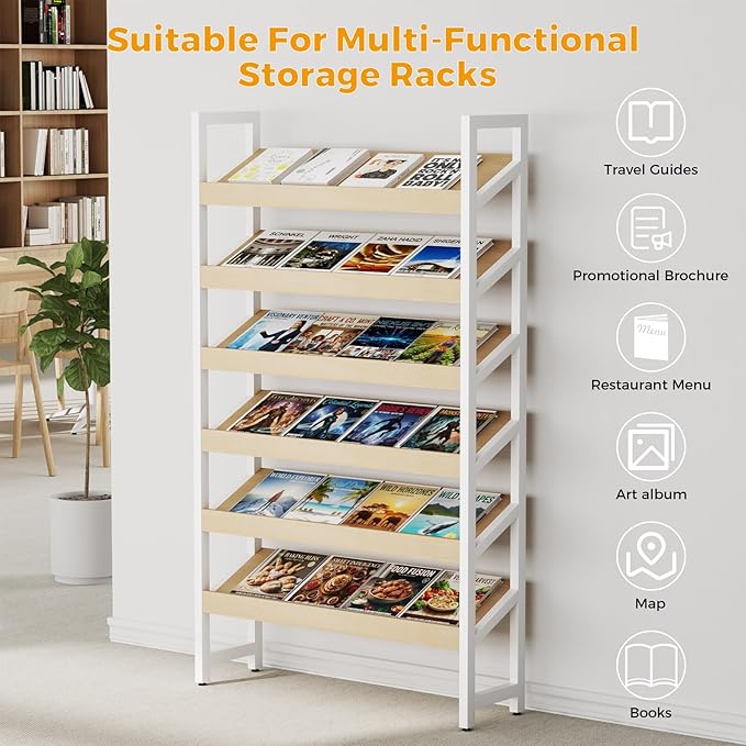 6-Tier Floor Standing Magazine Rack, Modern Literature Display Stand, Heavy Duty Steel Display Shelf with 38° Slant & 2.75" Lip, for Office/Airport/Bookstore/Library, 39"L x 12"W x 71"H (White)