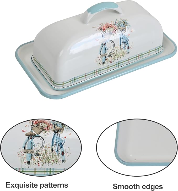 Enameled Farmhouse Vintage Butter Dish with Lid, 7.5 Inch Durable Kitchen Food Storage Container Rust-Resistant Refrigerator Safe,Vintage Decorative Design Kitchenware for Countertop
