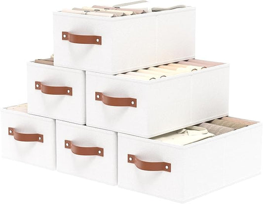 OUTBROS Fabric Storage Boxes, Foldable Bins With Handles, Wardrobe Baskets for Organizing, For bedrooms, living rooms, Shelves, White, 16.1 x 6.5 x 9.8 inch, 6-Pack