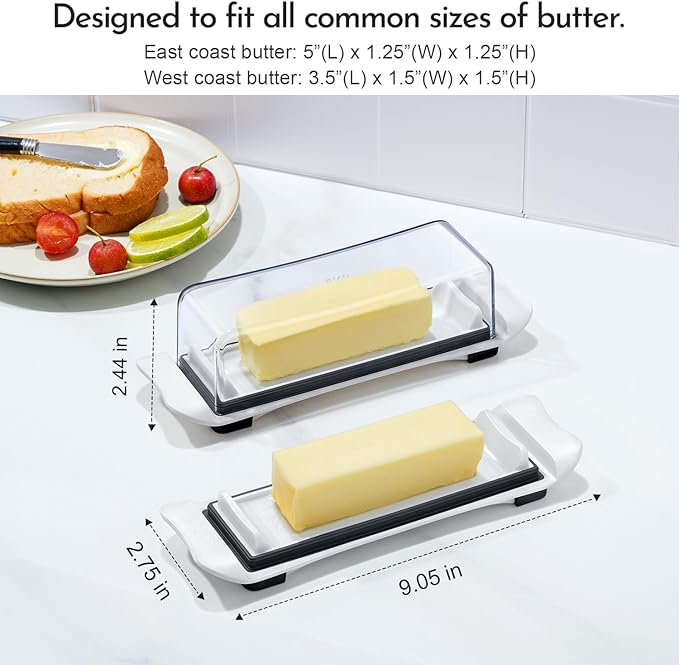 Butter Dish, IKOCO Airtight Butter Dish with Lid for Countertop and Refrigerator, Dishwasher Safe Butter Holder Container for Eastern and Western Butter, White
