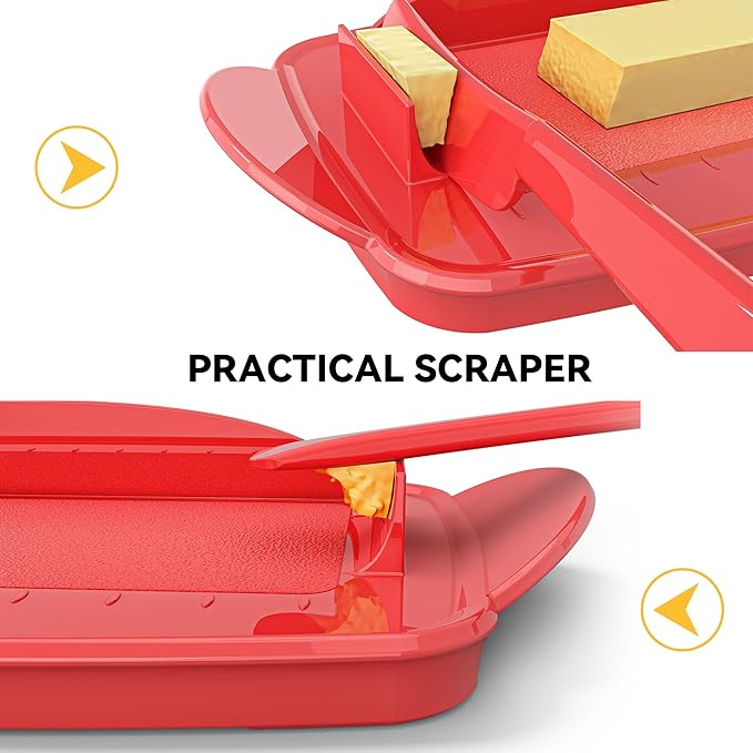 Butter Dishes with Lid for Countertop Refrigerator, Plastic Butter Dish Clear Flip Top Lid Butter Container with Spreader, Non-Slip Bottom Butter Holder Keeper (Transparent Cover Red)