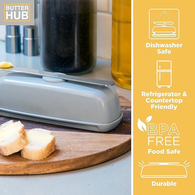 Butter Hub Extra Large Butter Dish with Lid and Knife, European Size Magnetic Butter Keeper, Easy Scoop, No Mess Lid, Plastic, Dishwasher Safe (Grey),European / 2 Sticks