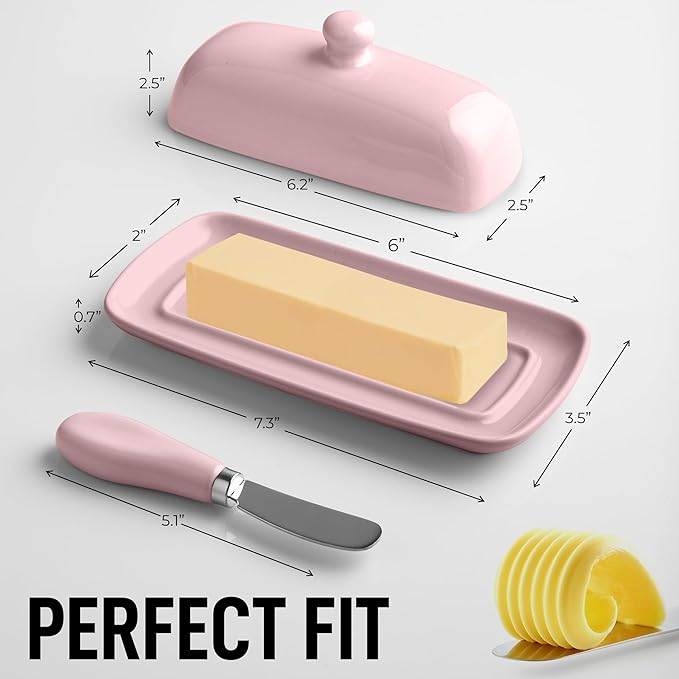 Zulay Butter Dish With Lid For Countertop - Porcelain White, Ceramic Butter Dish with Knob Handle Great for Cooking - Elegant Design Butter Holder - Durable & Sturdy Butter Keeper - Pink