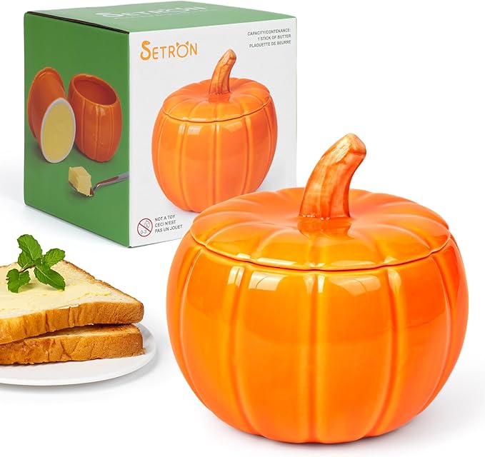 SETRON Halloween Pumpkin Butter Crock, Ceramic Butter Keeper with Lid, Airtight French Butter Crock for Countertop Storage, Butter Dish for Spreadable Butter, Perfect Gift for Kitchen