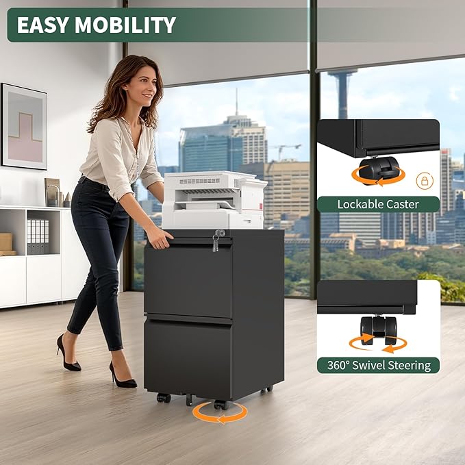 2 Drawer File Cabinet with Lock,Under Desk Rolling Small Filing Cabinet for Home Office Storage, Mobile Steel Cabinets with Wheels, Fully Assembled, Black