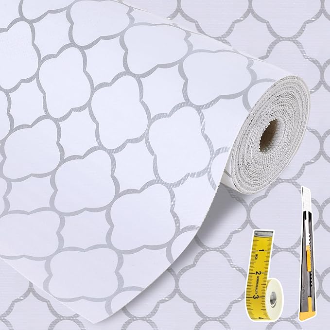 Shelf Liners for Kitchen Cabinets 12in x 20FT Non Adhesive Drawer Liner Silver Quatrefoil Shelf Liner Paper Strong Non-Slip Easy to Clean for Tool Box Refrigerator with Knife and Tape Measure