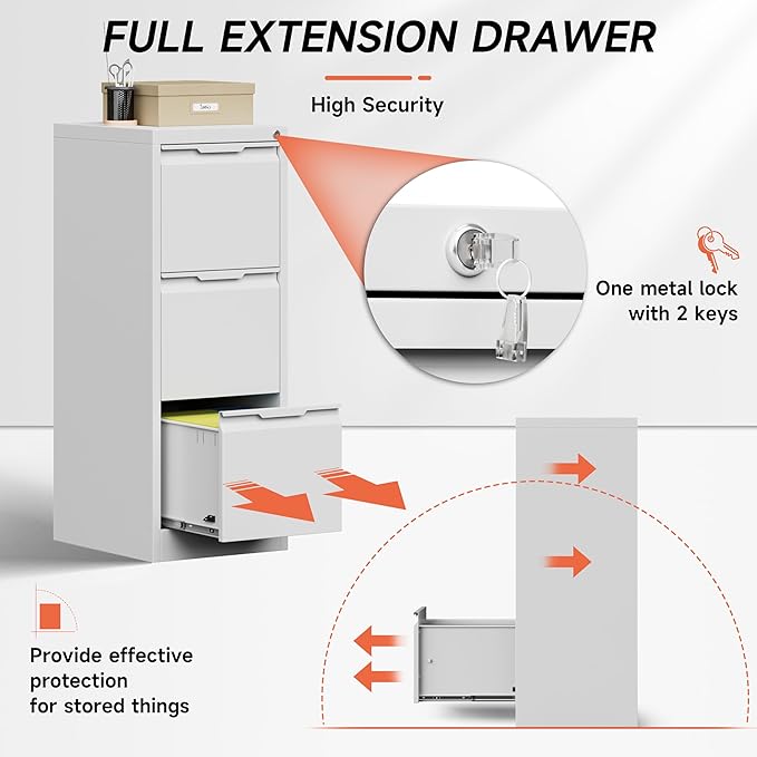 3 Drawer File Cabinet with Lock,Vertical Filing Cabinets for Home Office,Heavy Duty Metal File Cabinet for Hanging A4/Letter/Legal Size File,Vertical File Cabinet 15" W X 17.8" D X 38.3" H-White