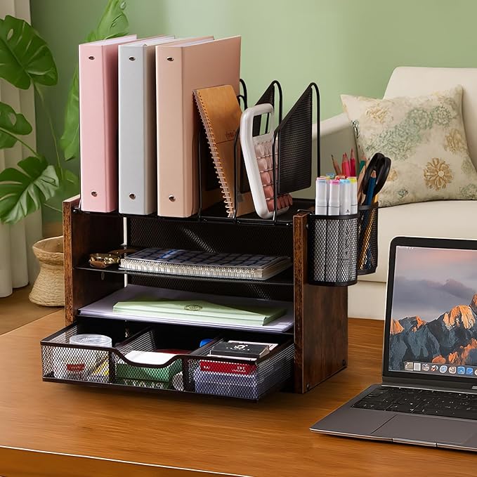 Y YOMA Mesh Desk Organizer with Drawer, 4-Tier Wood Desktop Organizer with 5 Vertical File Holders and 2 Pen Holders Office Desk Accessories for Home Dorm Classroom