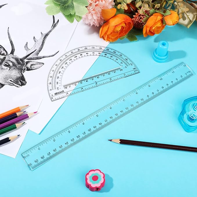 Zonon 2 Pack 12'' Plastic Ruler and 6'' Plastic Protractor Set Clear Ruler Protractor Set Math Geometry Supplies for School Classroom Home Office Drawing(Clear)